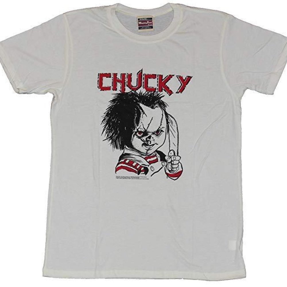 Childs Play Mens Evil Horror Movie Legend Chucky Knife Cream Shirt New